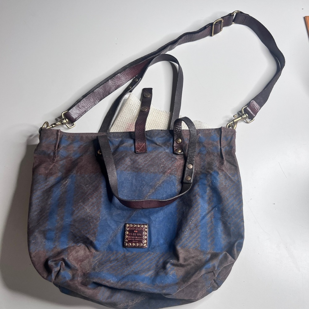 Campomaggi Teodorano Canvas Leather Tote Bag Blue Brown Made in Italy Crossbody
